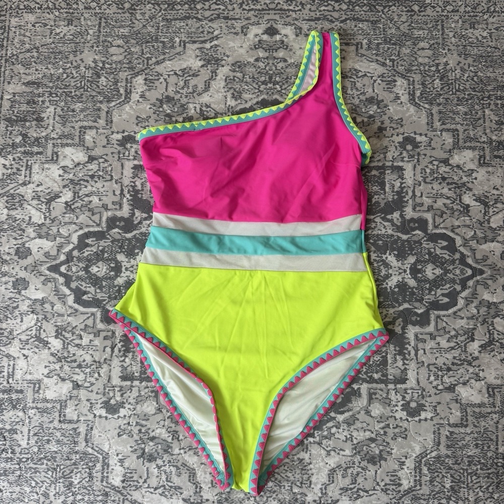 Popvil Women's Size Medium Neon Color Block One Piece Bathing Swim Suit Shoulder